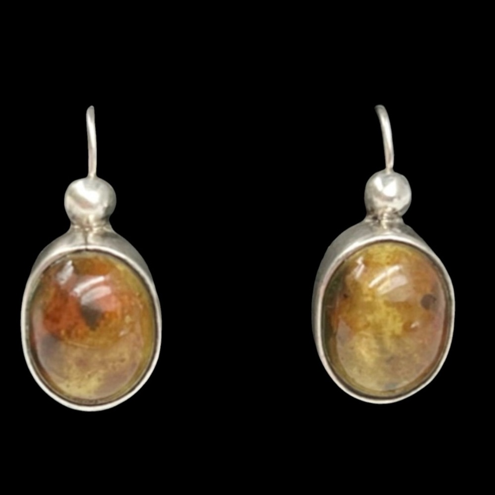 Vintage 925 Sterling Silver Jasper Cabochon Drop Earrings Mexico 10g